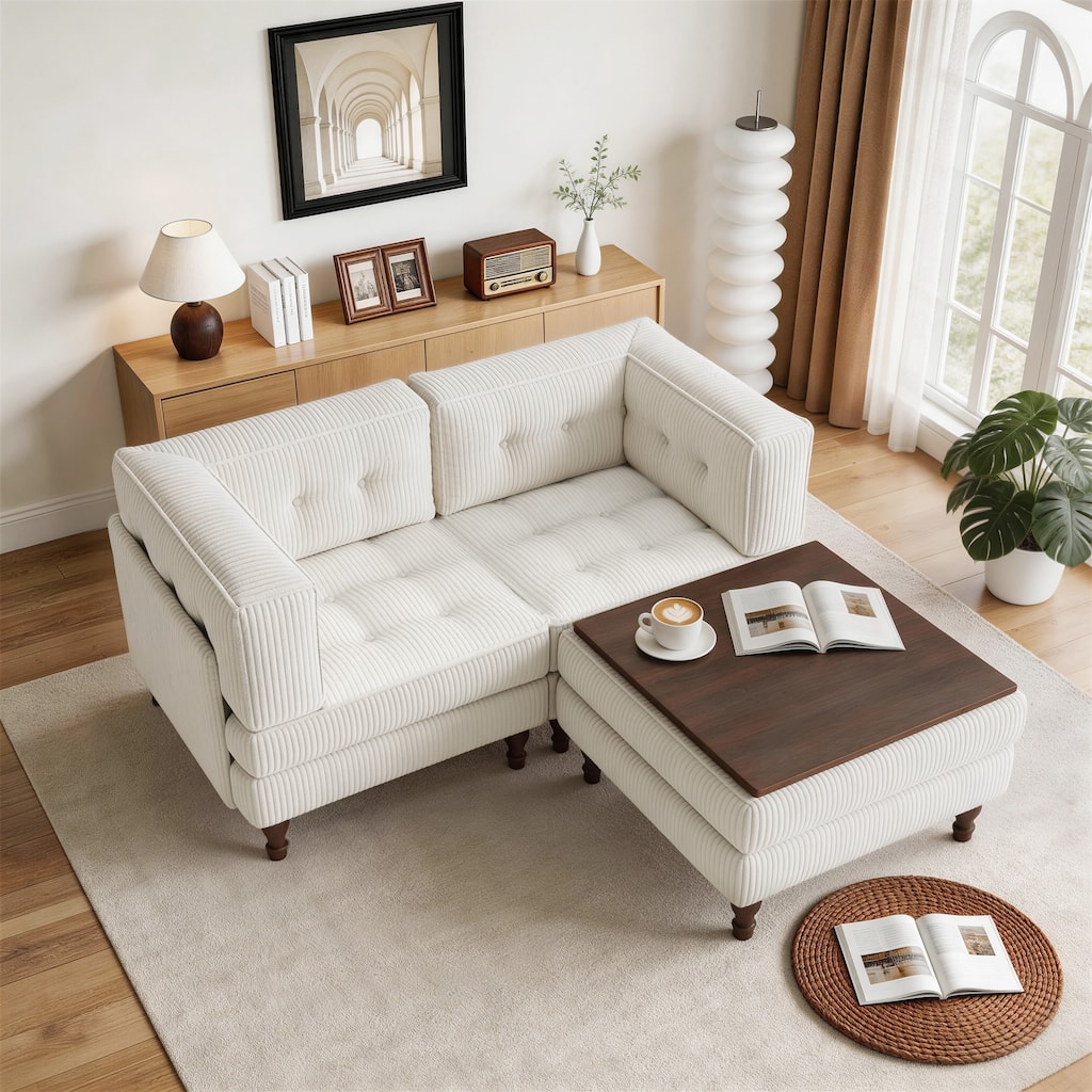 Corduroy Upholstered Modular Corner Sectional Sofa with Reversible Ottoman
