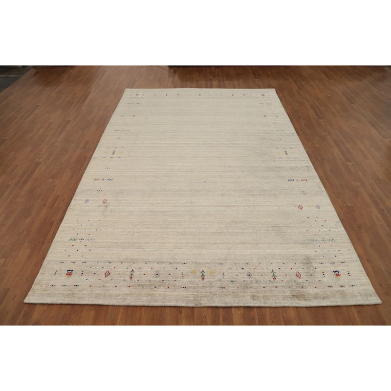 Hand Knotted Oriental Viscose Silk Carpet Tribal Animal Pictorial Beige & Ivories Gabbeh Area Rug - 12' 0'' X 8' 0''