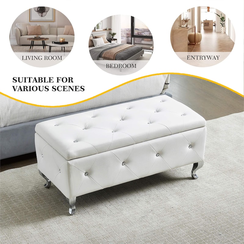 38.5" Storage Bench with 380lb Seating, Upholstered Bed Bench with Wood Legs Safety Hinge
