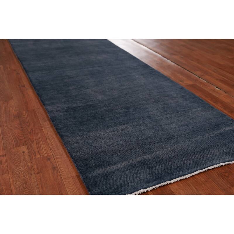 Hand Knotted Oriental 100% Wool Carpet Modern Solid Navy Blue & Blues Gabbeh Runner Rug - 7' 11'' X 2' 9''