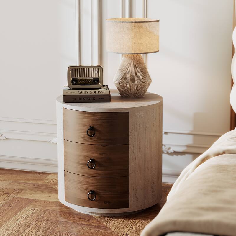 SUNBURY Round 3-Drawers Nightstand Accent Storage Cabinet - Brown-2PC
