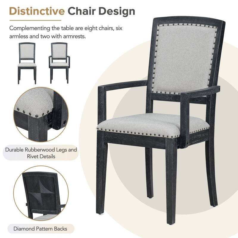 Vintage Kitchen Table and Chair Set, Dining Armchairs with Nailhead Trim, Extendable Dining Table with 6 Armless Chairs