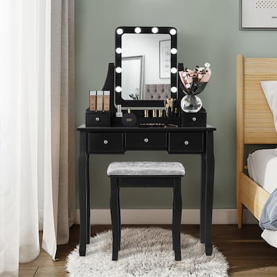 Vanity Set with Lighted Mirror Makeup Table with Cushioned Stool Set