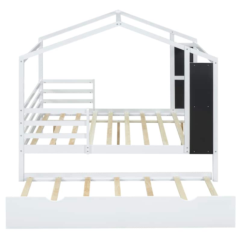 Wood House Bed with Fence and Writing Board