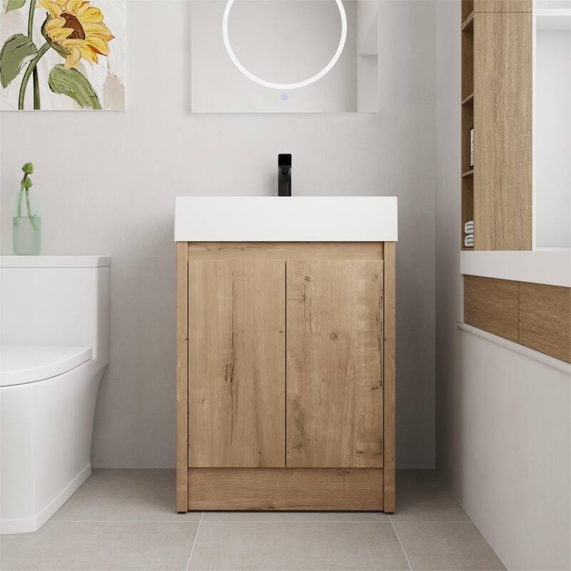 BNK 24/30/48/60 inch Freestanding Resin Sink Bathroom Vanity with Soft Close Door and Adjustable Shelf - 23.6''W×18.1''D×35''H - Imitative Oak