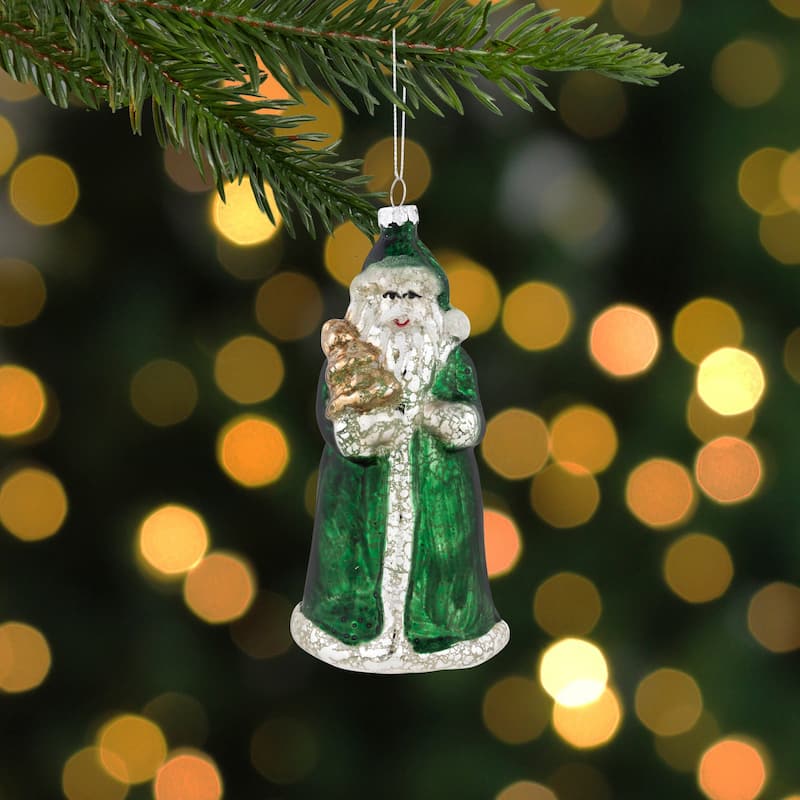 5.5" Nordic Green and Gray Santa Hanging Glass Christmas Ornament