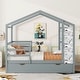 preview thumbnail 2 of 13, Gray Full Size Solid Wood House Bed with Trundle, Fence, and Writing Board for Kids