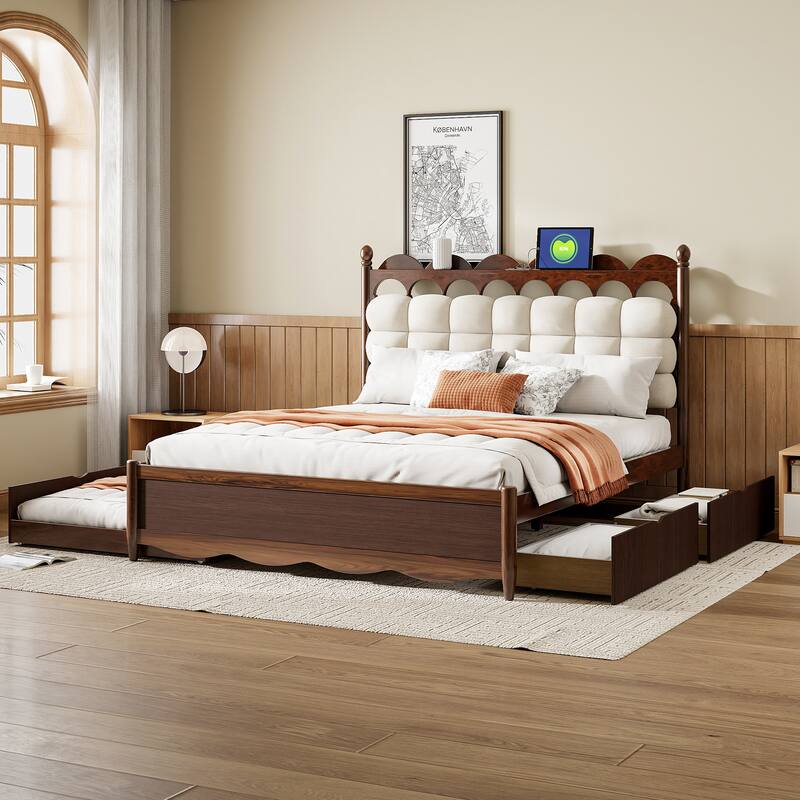 Queen Size Wooden Platform Bed Frame with Trundle, 2 Big Drawers and USB Ports, Stylish and Functional Bedroom Furniture