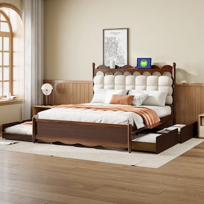 Roomfitters Queen Wooden Platform Bed with Trundle, Storage Base and USB Charging Ports