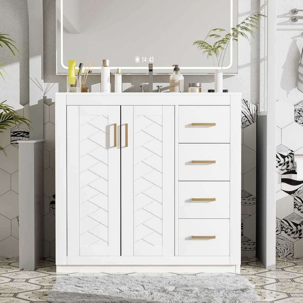 36'' Bathroom Vanity with Ceramic Sink Combo, Solid Wood Frame Bathroom Storage Cabinet, Vanity Set with 3 Drawers