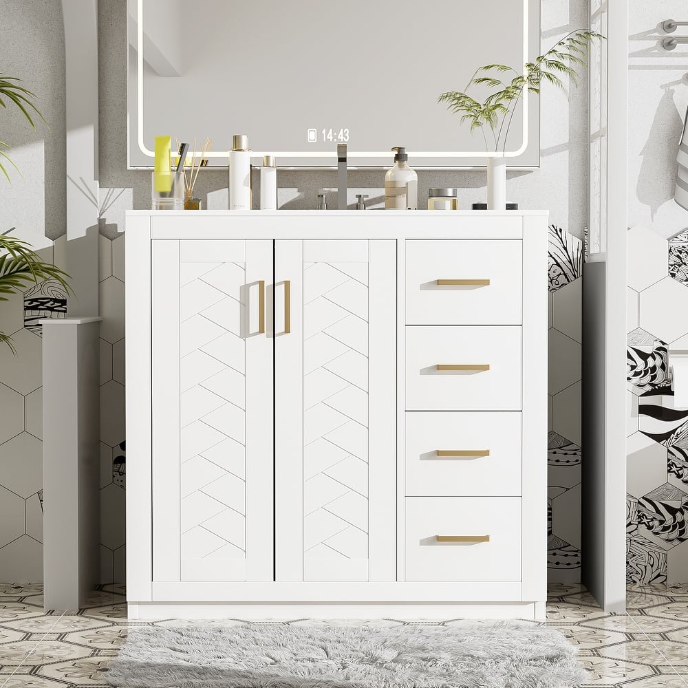 Freestanding Geometric Pattern Bathroom Vanity Solid Wood Frame Storage Cabinet with Sink, 3 Drawers and Soft Closing Doors
