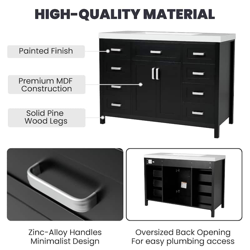 48" Freestanding Bathroom Vanity with Sink, 2 Doors, 8 Soft-Close Drawers, Resin Top and Storage Cabinet