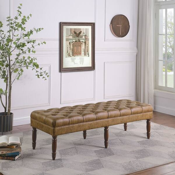 HomePop Classic Faux leather bench, wood legs, 6 legs - On Sale 