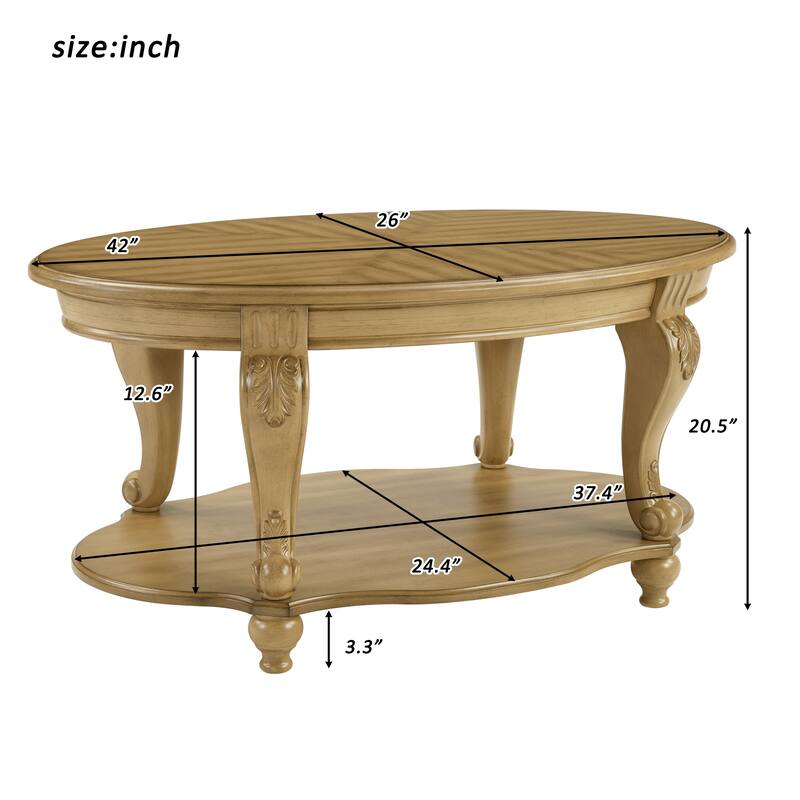 42" oval wood coffee table for Living Room, 2-Tier Solid Wood Cocktail Table with Open Storage Shelf, Antique Natural