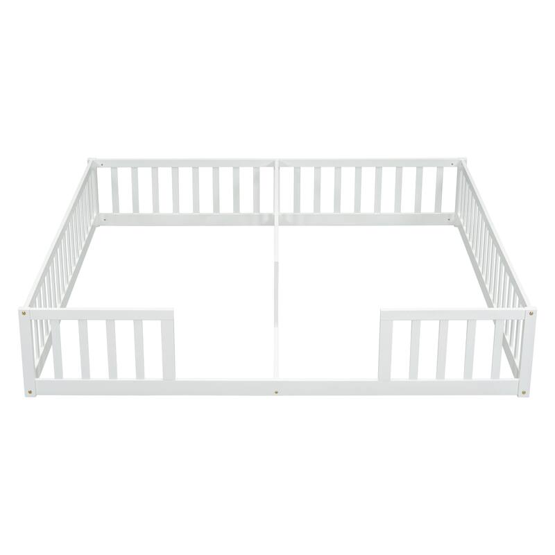 Roomfitters Double Twin Floor Bed Frame with Fence and Guardrails, Low Profile Shared Platform Bed, No Door Design