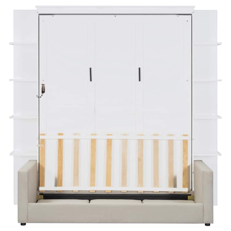 Queen Size Murphy Bed with Sofa, Folding Bed Frame Cabinet Wall Bed with Shelves and Top Lights