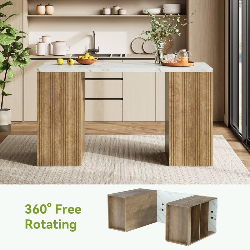 63-Inch Kitchen Island with Side Shelves, Modern Dining Table - 63'' W × 23.2'' D × 35.4'' H