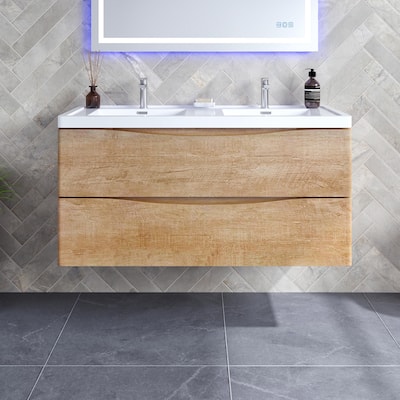 Smile 48 in. Natural Oak Wall Mount Double Sink Bath Vanity with Acrylic Top and Integrated Sinks