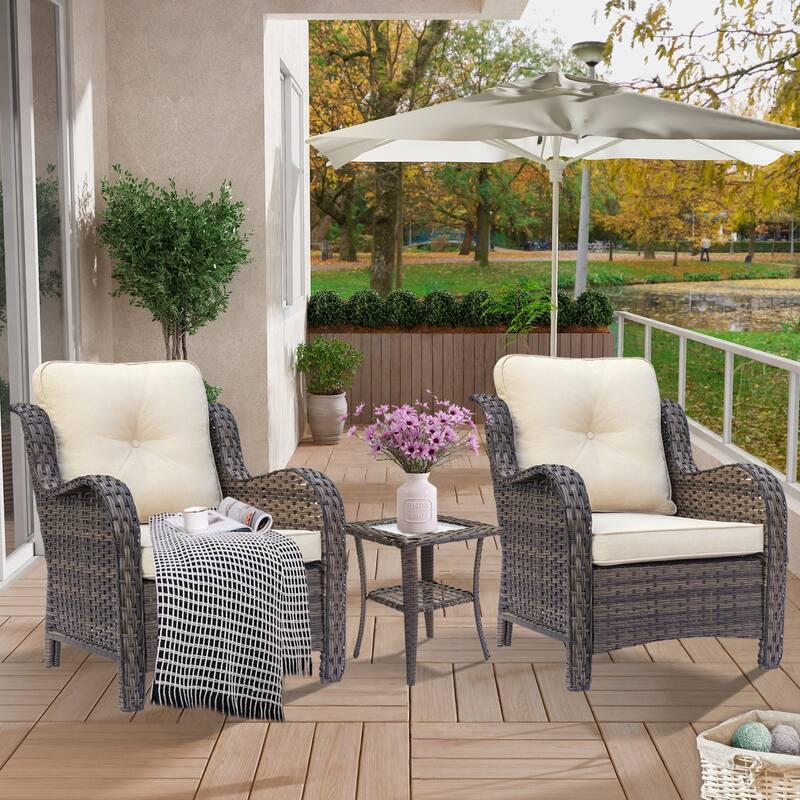 3 Piece High Back Wicker Rattan Outdoor Patio Furniture Chairs Set - Cream-Brown Rattan