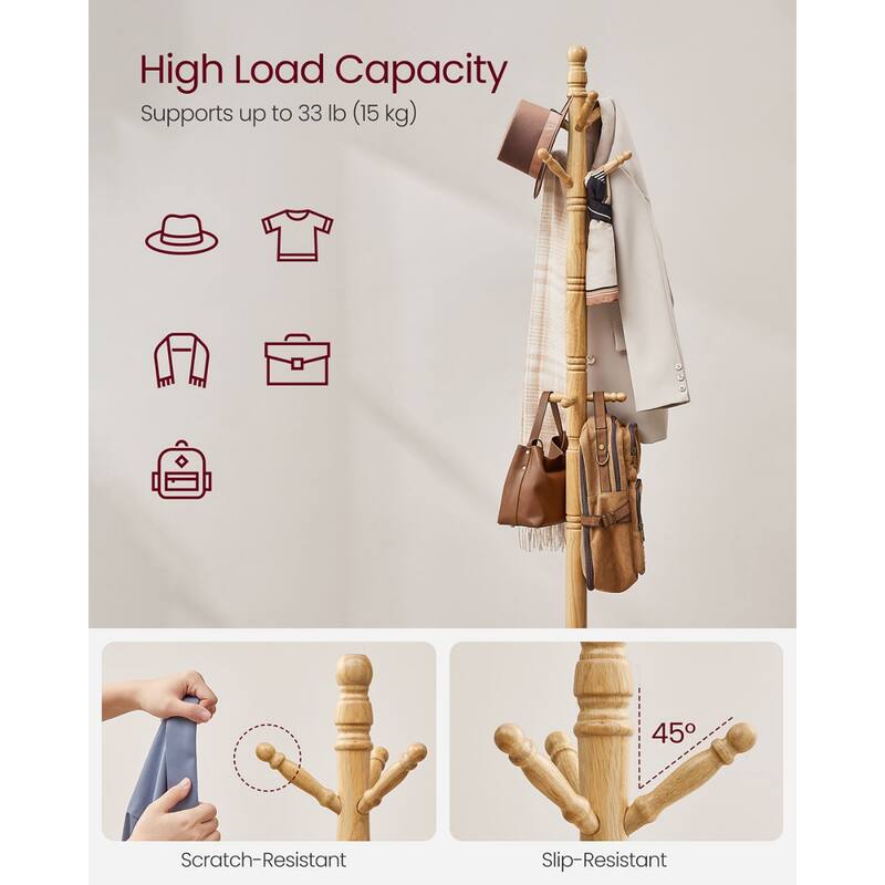 Natural Wood Freestanding Coat Rack Stand Tree with 9 Hooks and Tri Leg Base for Jackets and Hats - 18.5"D x 18.5"W x 70.5"H