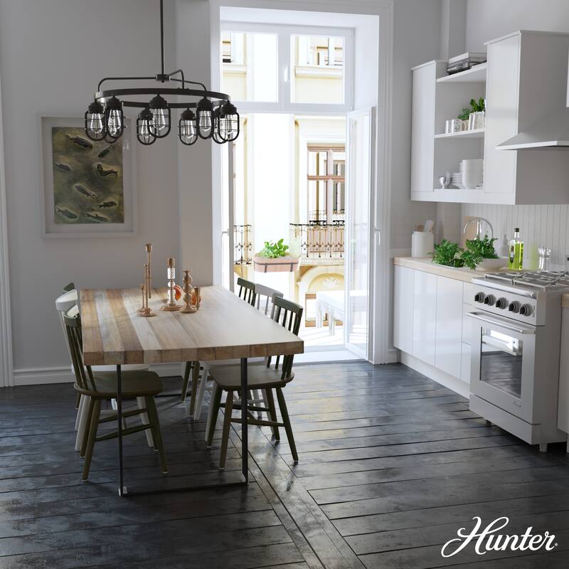 Hunter Starklake 9-Light Chandelier - Dining Room, Entry - Industrial, Wheel, Rustic, Caged