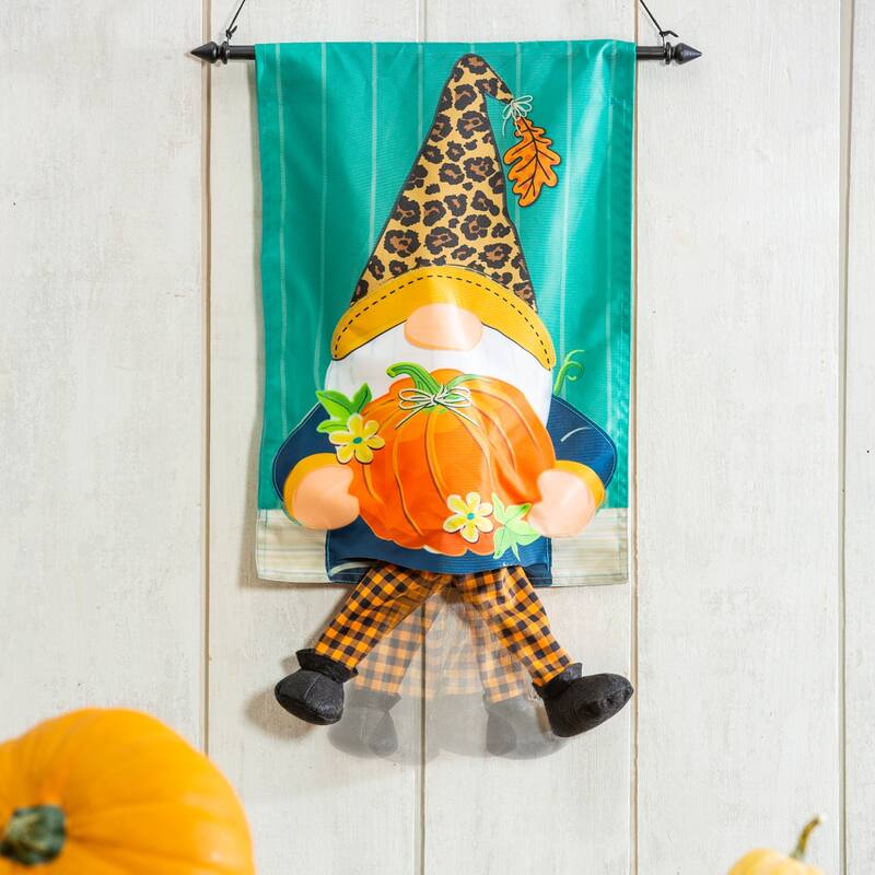 12.5 in. x 18 in. Fall Gnome with Pumpkin Garden Kickin Flag
