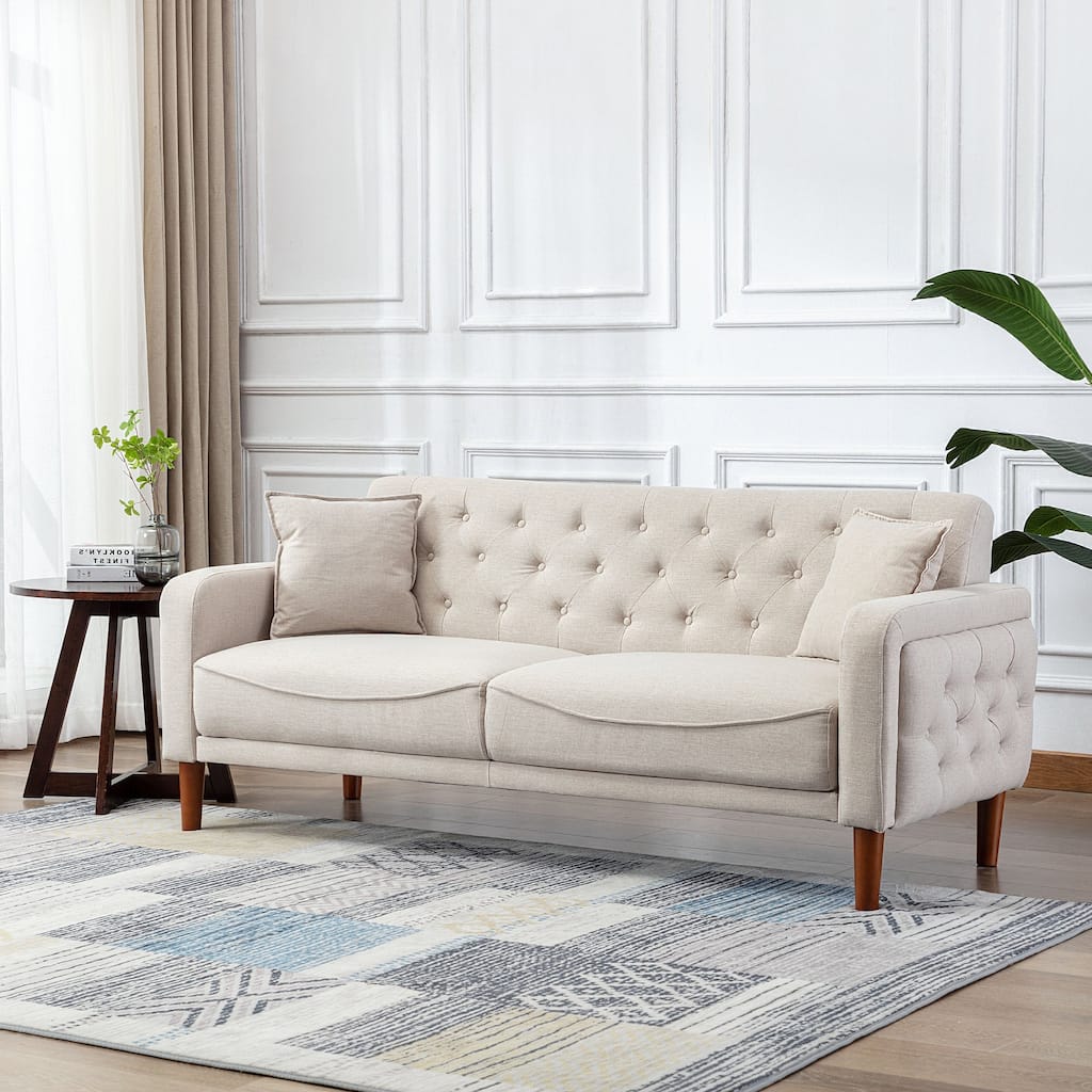Square Arm Mid-Century Modern Tufted Sofa with Pillows