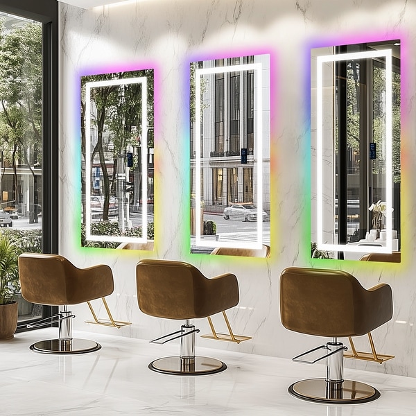Smart Colorful RGB LED Illuminated Fog free Extra Large Bathroom Mirror with Bluetooth Speakers Digital Display On Sale Bed Bath Beyond 41259574