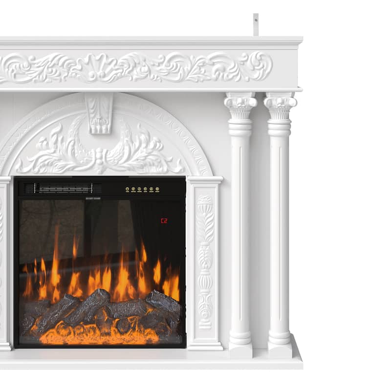 Solid Wood Electric Fireplace TV Stand with 12-Color LED Flame, White Wood Cabinet with Roman Columns, 1500W Heater