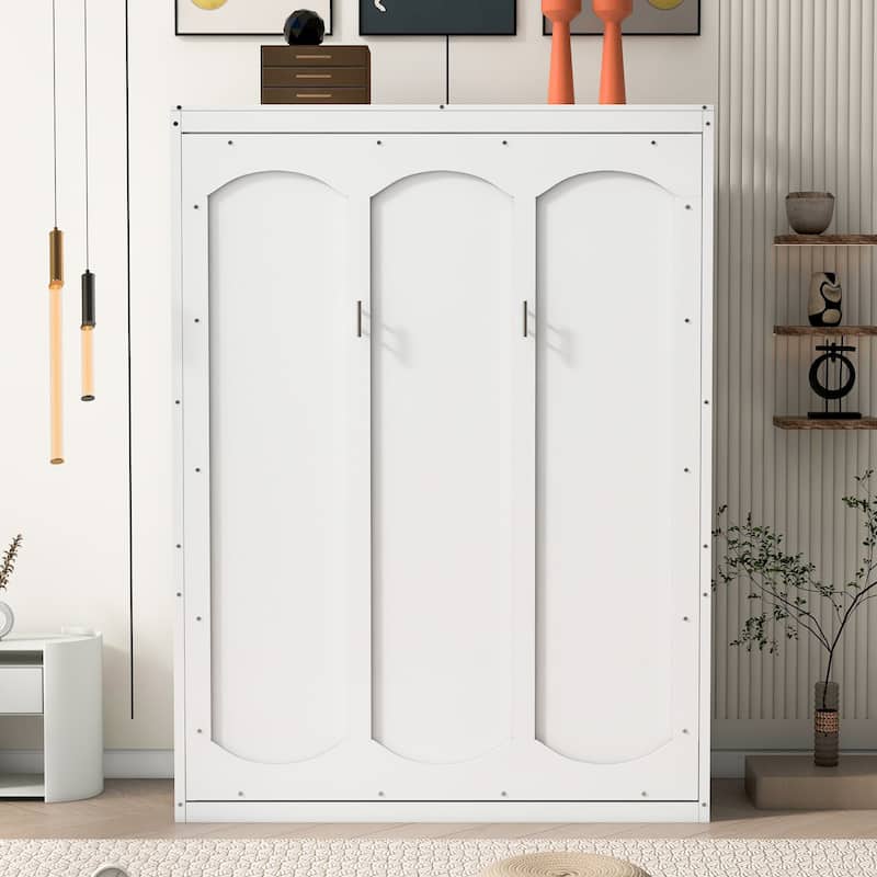 Full Size Murphy Wall Bed with Shelves, Space-Saving Design, White Finish, Easy to Fold
