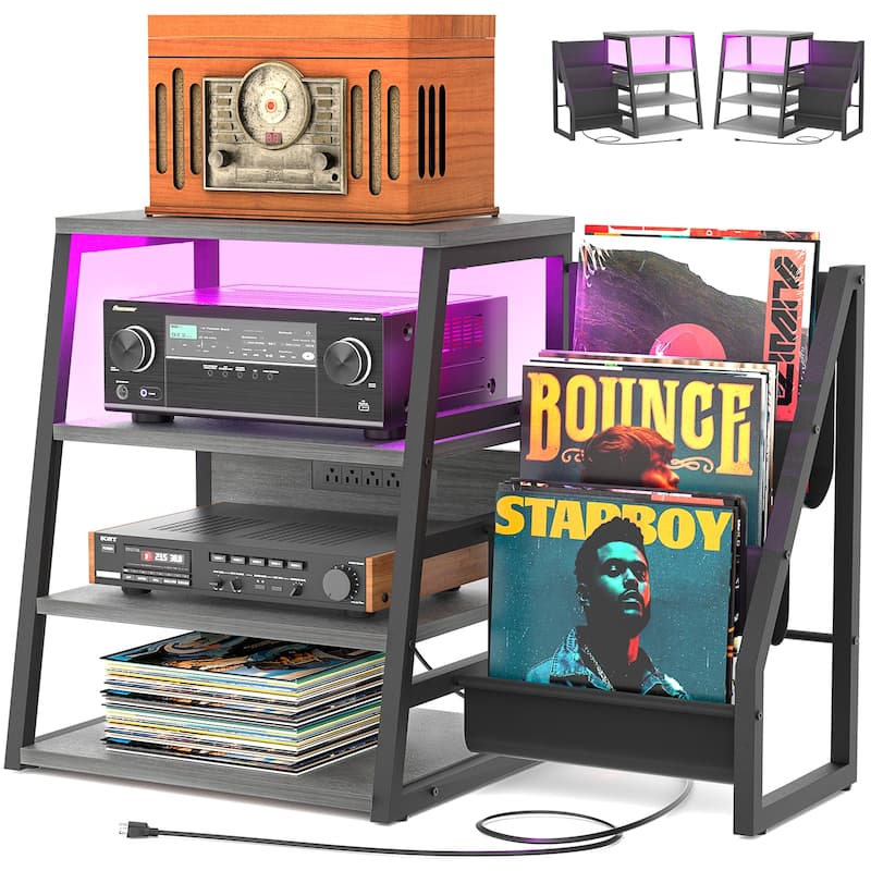 4-Tier Record Player Stand with Vinyl Record Storage ＆ LED Light ＆ Charging Station, Record Player Table, Media Console - Black Oak