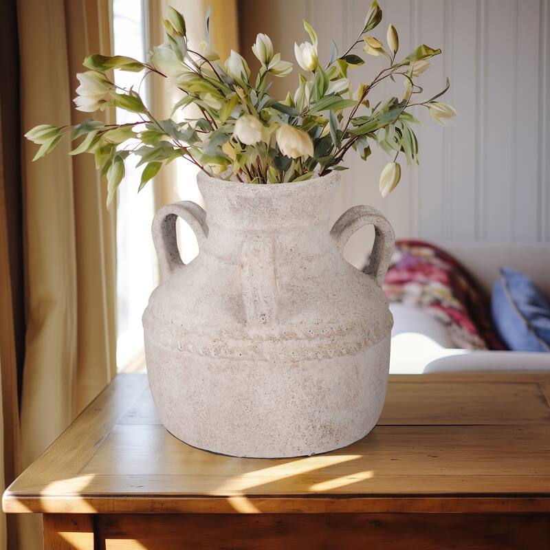 Pottery Terracotta Vase with Rustic Textured and Triple Handles Design