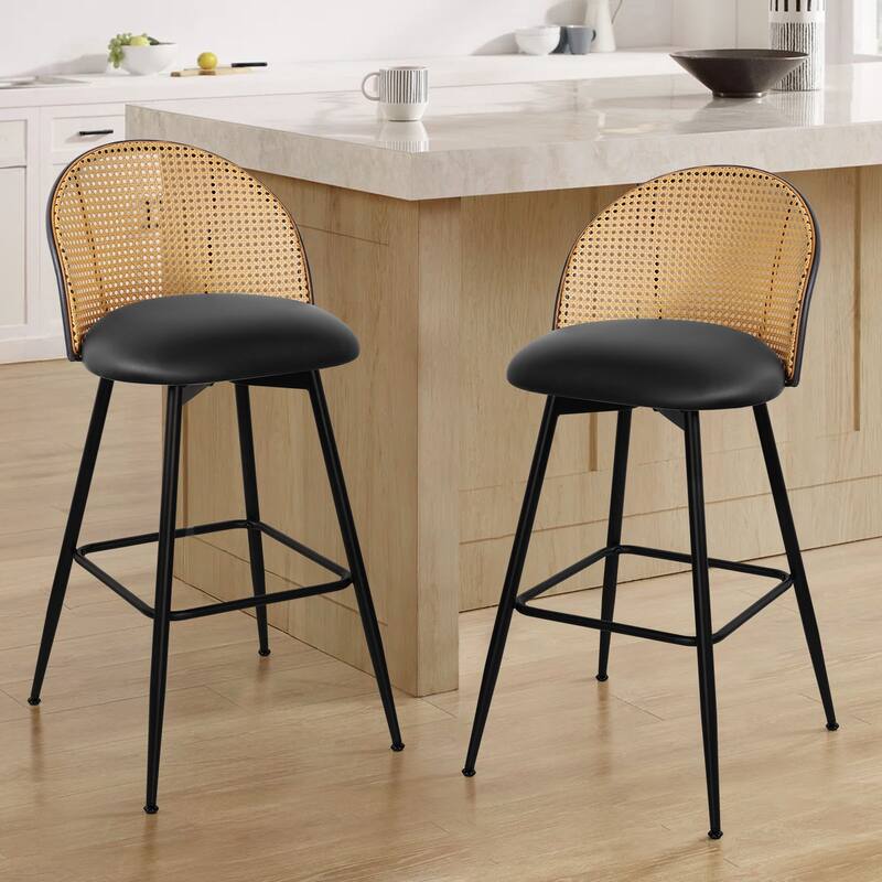 Upholstered Swivel Counter/ Bar Stools with Rattan Back - Set of 2 - Leather-Black - Bar Height