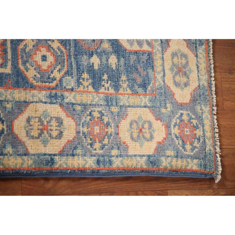 Blue Geometric Kazak Accent Rug Hand-Knotted Wool Carpet - 2'9" x 4'0"