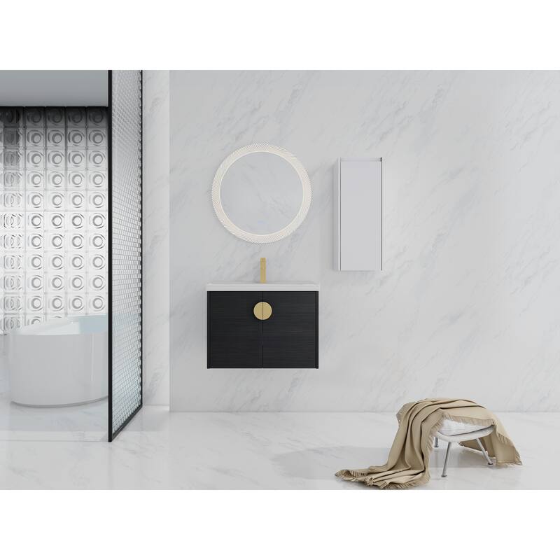 28" Wall-Mounted Bathroom Vanity With Ceramic Sink and Side Cabinet, Soft Close Doors, Combination Cabinet