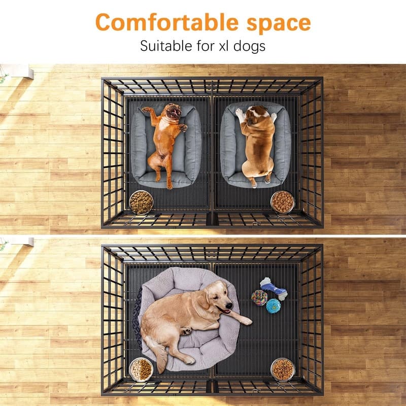 Heavy Duty Dog Crate with Wheels Escape Proof Metal Kennel Lockable Wheels Slide Out Tray