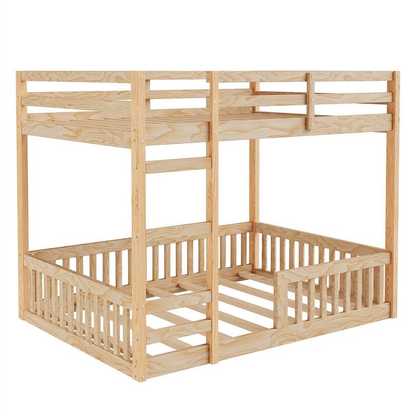 Full over Full Size Bunk Bed with Ladder and Guardrails, Wooden Floor Bunk Bedframe with Slats Support for Kids