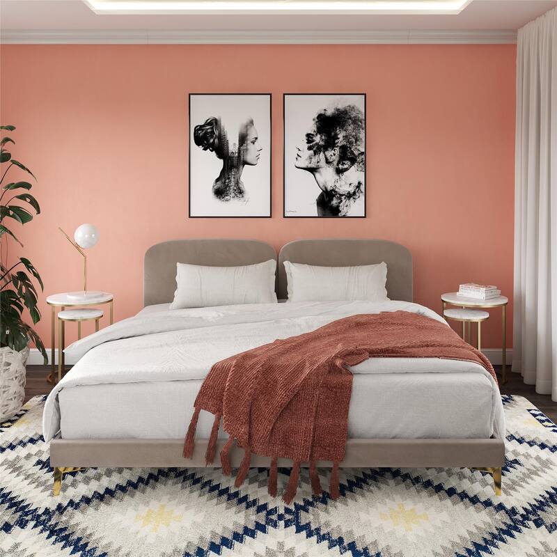 Velvet Upholstered Platform Bed with Foam-Padded Headboard, Modern Metal Legs, King Size