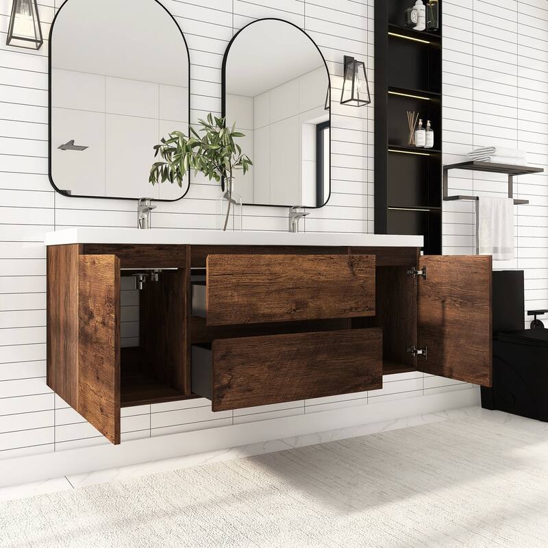 60" Wall-Mounted 2-drawer Bathroom Vanity Set with Integrated Double Sink