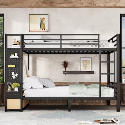 Queen Over Queen Bunk Bed with Wardrobe, Shelf, 2 Drawers and Pegboard