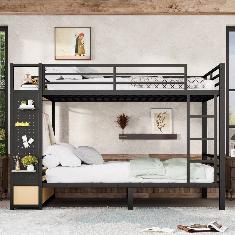 Storage Bunk Bed with Shelves, Wardrobe, 2 Drawers and Pegboard, Heavy Duty Metal Bunk Bed Frame, Noise Free, No Box Spring Need - Black - Queen