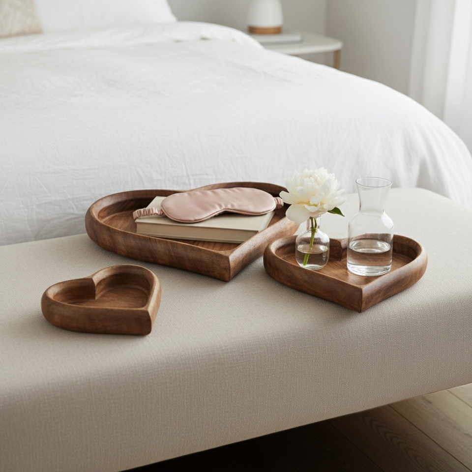 Heart-Shaped Tray with Rich Wood Grain Detail - Decorative Tray for Office and Home Decor
