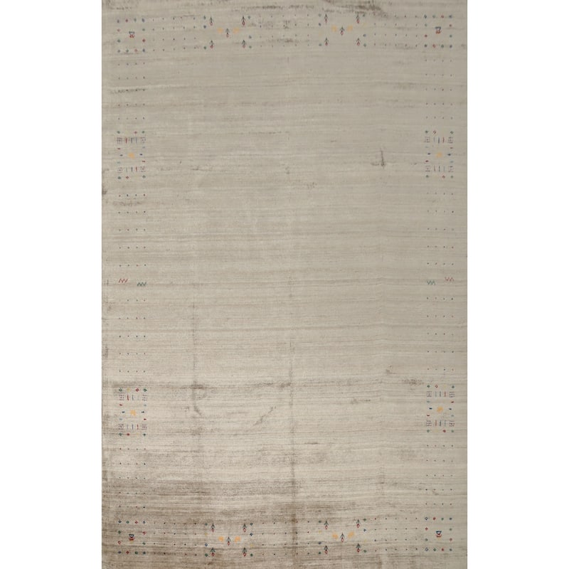 Hand Knotted Oriental Viscose Silk Carpet Tribal Animal Pictorial Beige & Ivories Gabbeh Area Rug - 11' 9'' X 8' 11''
