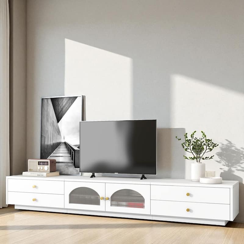 87 Inch Modern TV Stand with Fluted Glass Doors, Media Console with Tempered Glass Shelf and 4 Drawers for TVs Up to 95 Inch - White