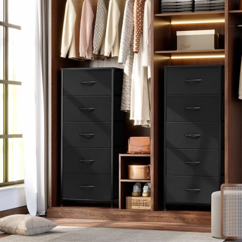 Home Bedroom Furniture 5-drawer Chest Vertical Storage Tower - Fabric Dresser - 2-piece set, Black