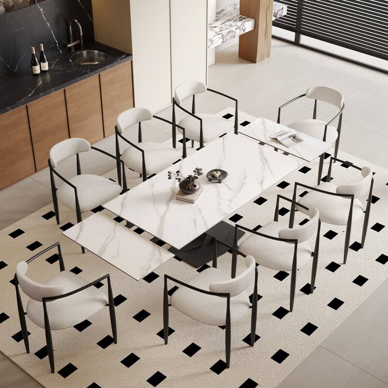 9 - Piece 94.48'' Modern Minimalist Extendable Sintered Stone Top Dining Set with 8 Fabric Chairs