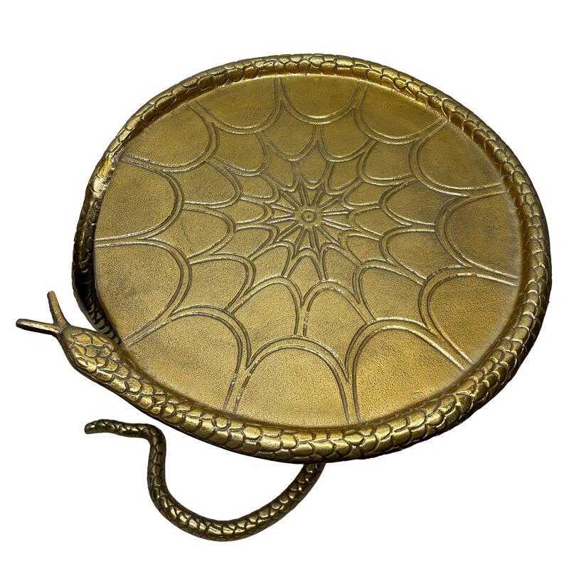 22 Inch Side End Table, Handcrafted Textured Snake Skin Pattern Base, Brass Aluminum