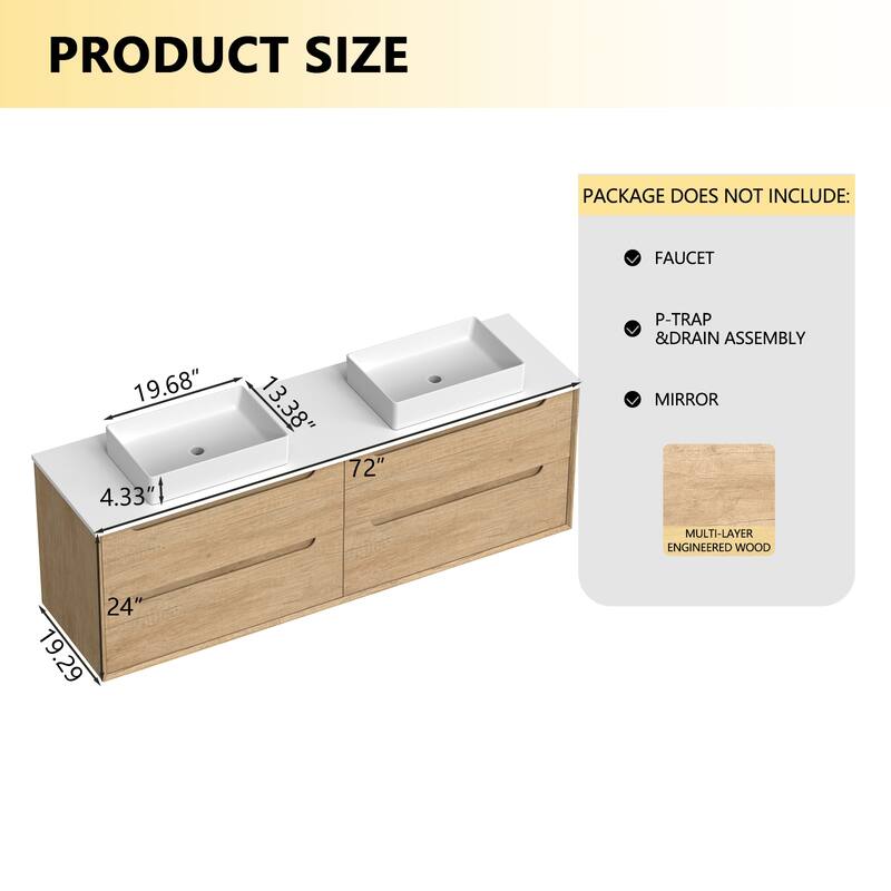 72" Solid Wood Bathroom Vanity with White Quartz Countertop Ceramic Vessel Sink