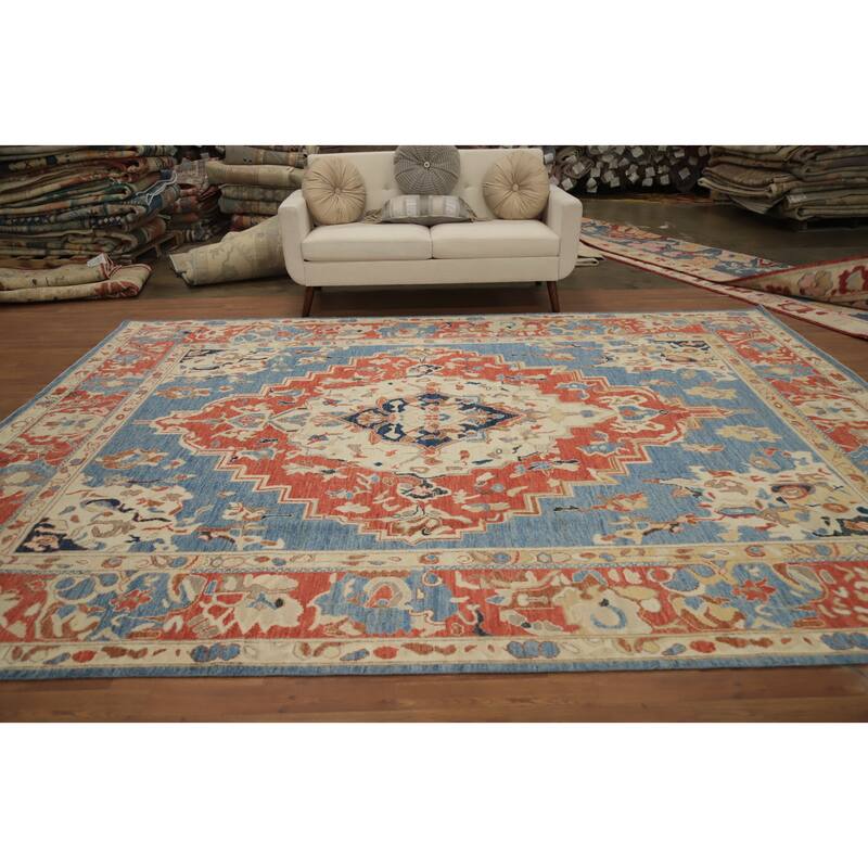 Hand Knotted Oriental 100% Wool Carpet Traditional Medallion Navy Blue & Blues Heriz (serapi) Area Rug - 11' 11'' X 9' 3''