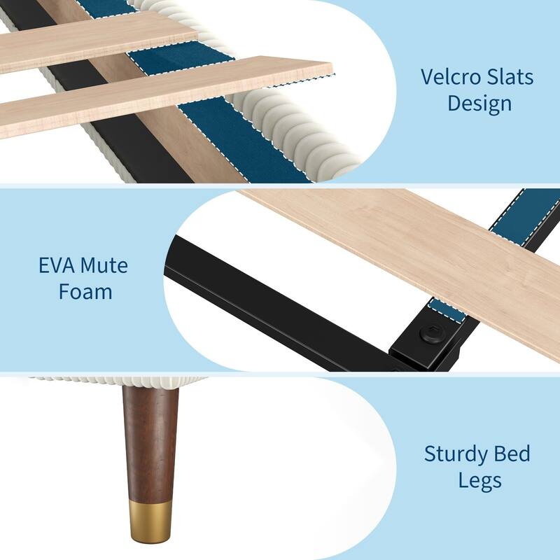 Upholstered Platform Bed Frame, Fabric Headboard and Wooden Slats